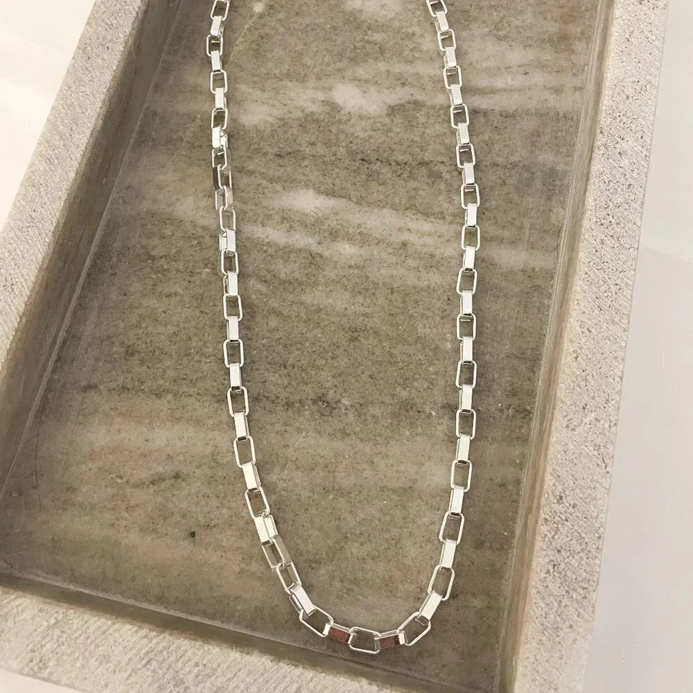 925 Sterling Silver Box Chain Link Necklace Statement Necklace 19 Inches - Picture 2 of 4
